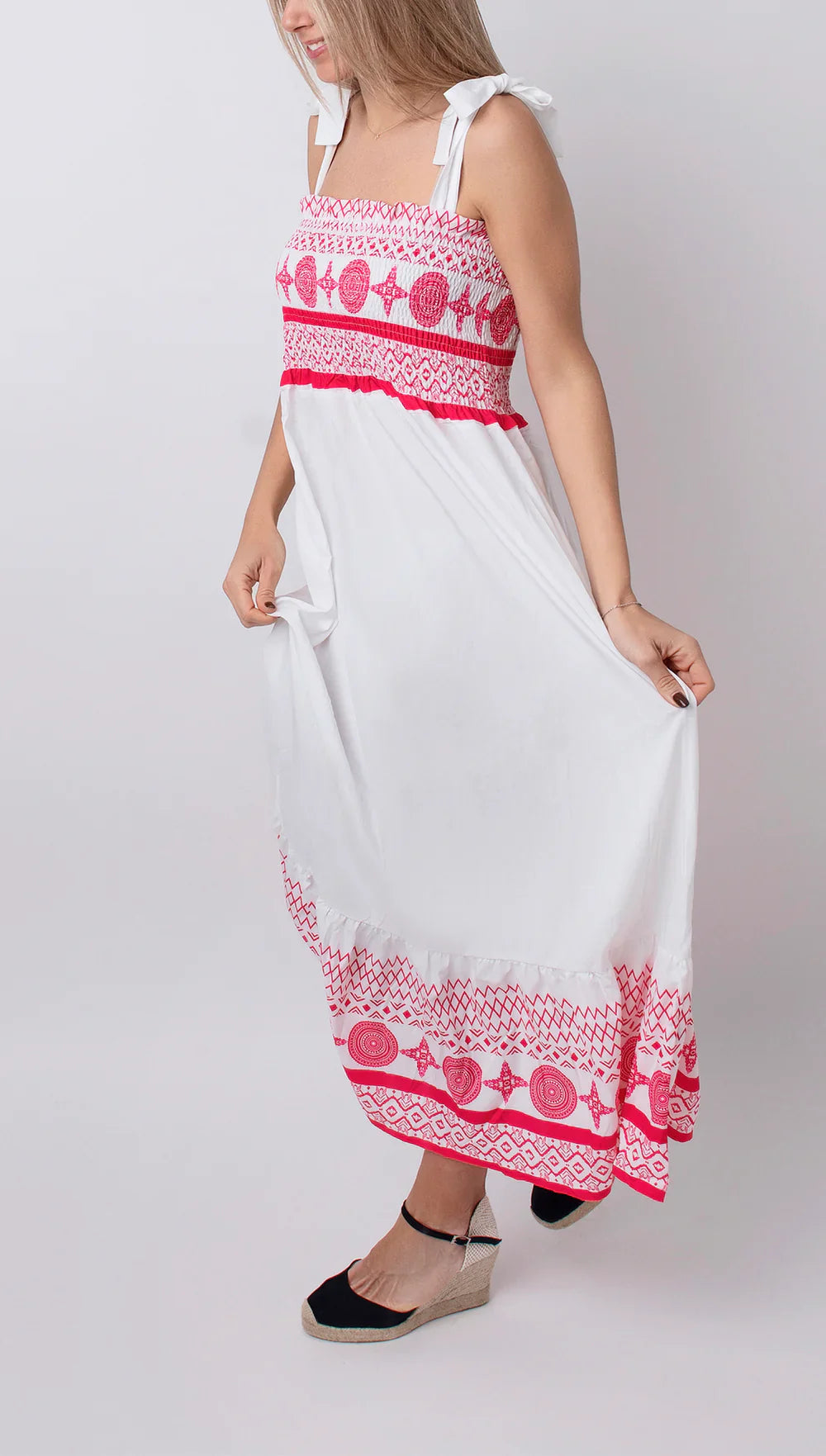AMOURÉ™ – VESTIDO CASUAL DULCE CON ESTAMPADO, FRUNCIDO, ESCOTE CUADRADO Y TIRANTES
