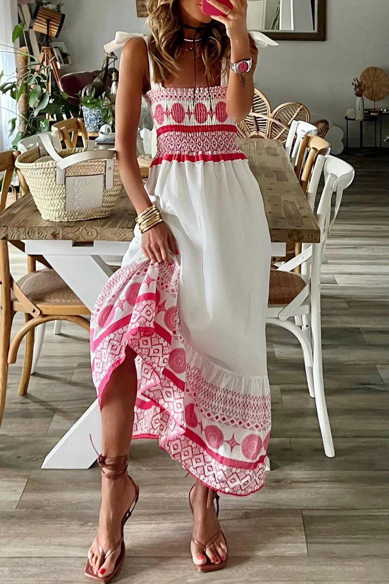AMOURÉ™ – VESTIDO CASUAL DULCE CON ESTAMPADO, FRUNCIDO, ESCOTE CUADRADO Y TIRANTES