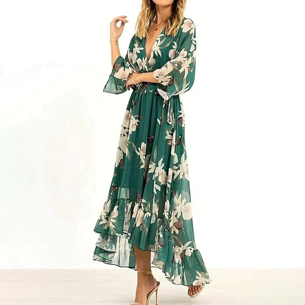 MARZELLA™ – VESTIDO ESTAMPADO VERDE CON MANGAS 3/4 Y CUELLO EN V