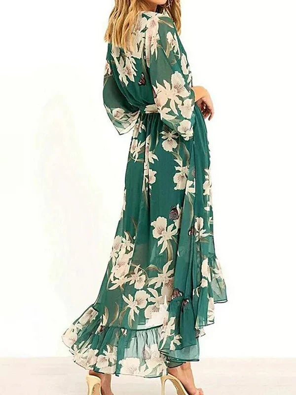 MARZELLA™ – VESTIDO ESTAMPADO VERDE CON MANGAS 3/4 Y CUELLO EN V
