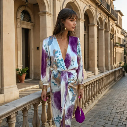 VELVÉRA™ – VESTIDO MIDI DE SATÉN MORADO Y BLANCO CON CINTURÓN