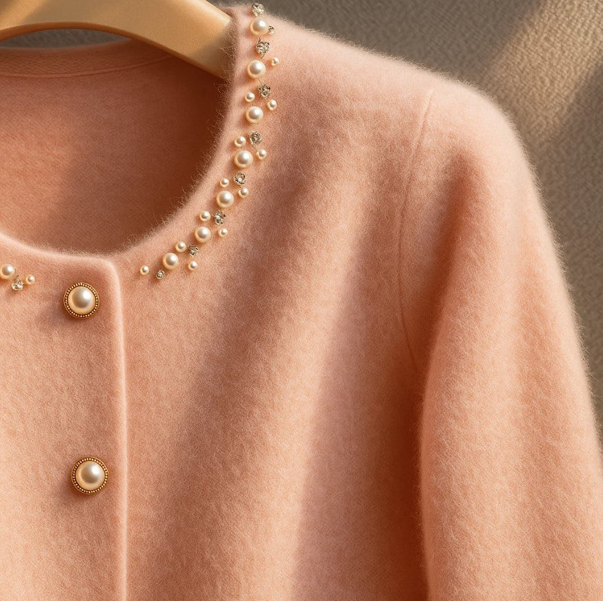 PAZ™ – Cárdigan de Cachemira Mongola con Perlas Akoya y Puños de Piel