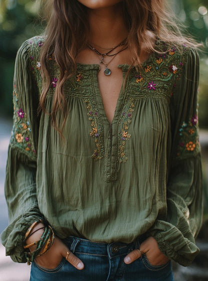 MANUELA™ Camisa Bordada con Flores Bohemias para Mujer