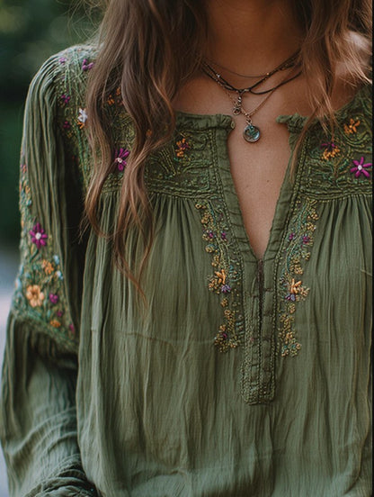 MANUELA™ Camisa Bordada con Flores Bohemias para Mujer