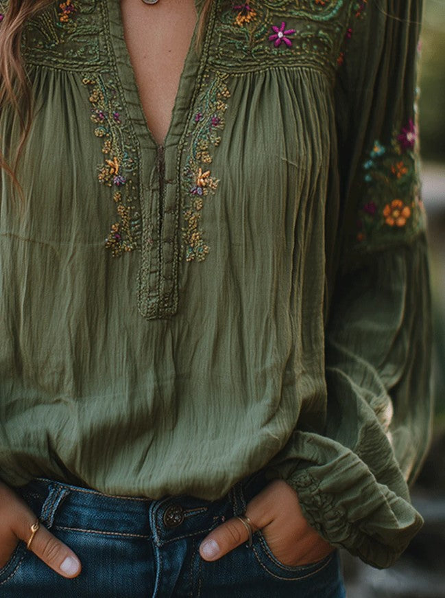 MANUELA™ Camisa Bordada con Flores Bohemias para Mujer