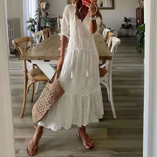 LACEFLAIR™ – VESTIDO LARGO BOHO CHIC DE ENCAJE BLANCO CON VOLANTES