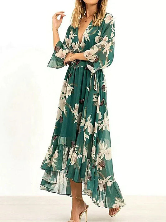 MARZELLA™ – VESTIDO ESTAMPADO VERDE CON MANGAS 3/4 Y CUELLO EN V