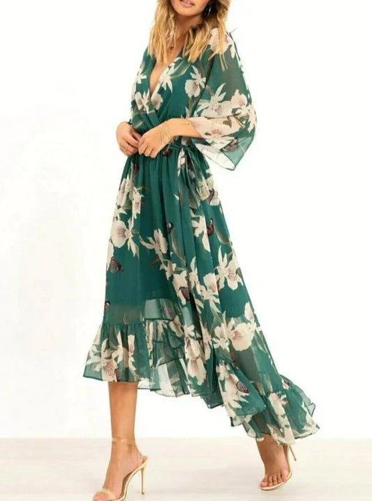 MARZELLA™ – VESTIDO ESTAMPADO VERDE CON MANGAS 3/4 Y CUELLO EN V